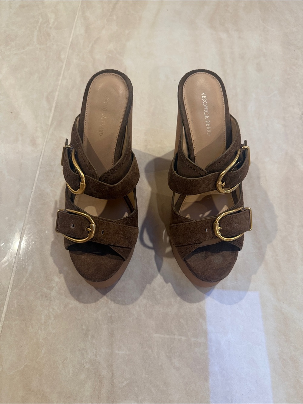 Veronica Beard Dark Brown Suede Buckle Slide Heels